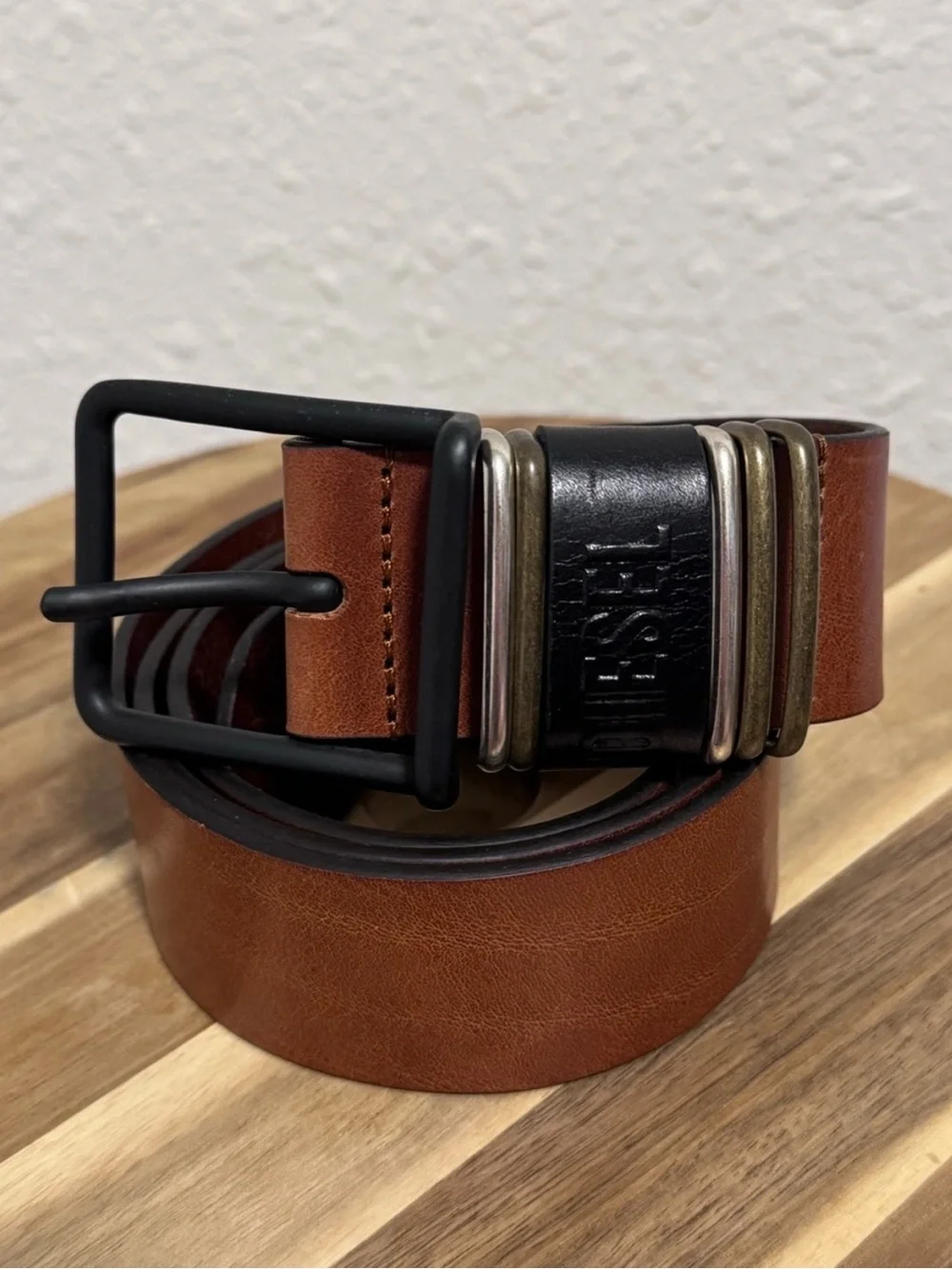 DIESEL Caramel Tan Cowhide Leather Belt TriTone Buckle US38 EU95